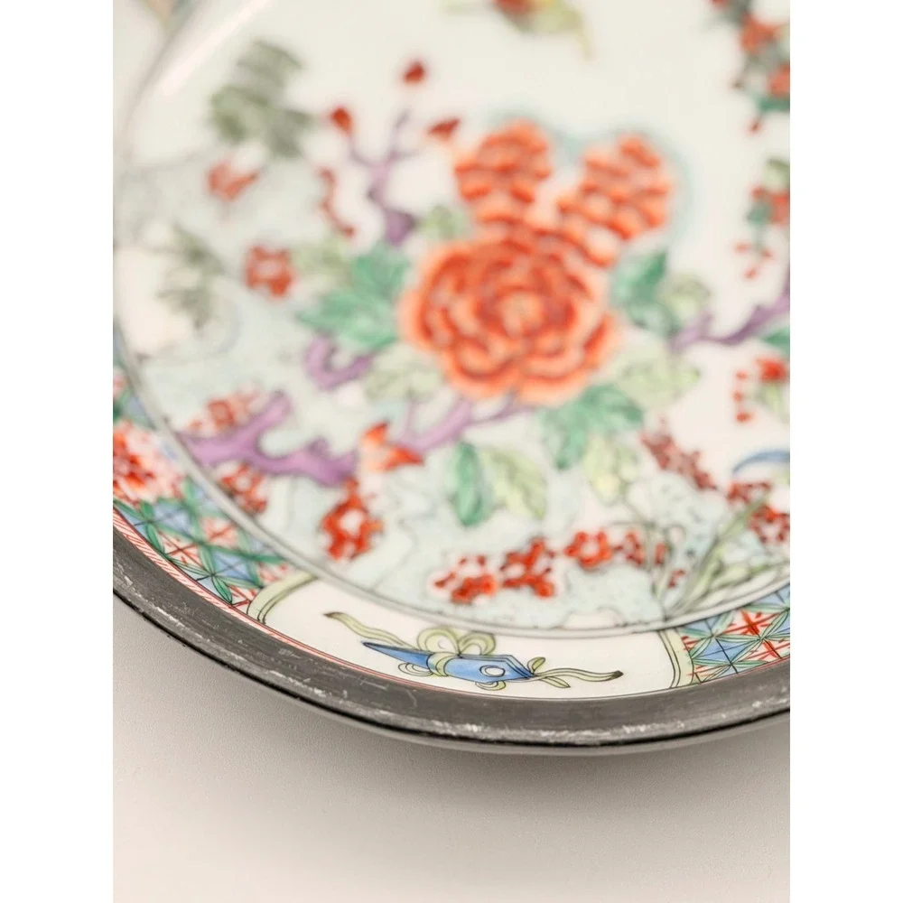 Neiman Marcus Japanese Porcelain Hand Decorated Hong Kong Pewter Encased Bowl